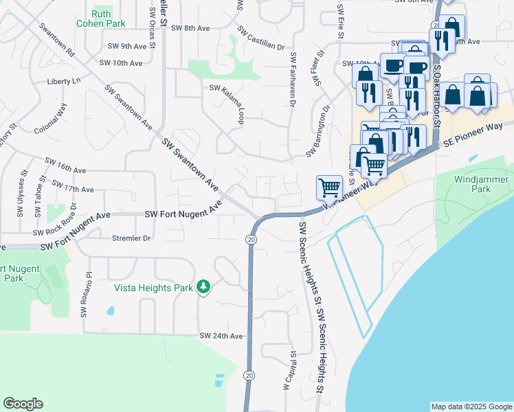 map of restaurants, bars, coffee shops, grocery stores, and more near 915 Southwest Kimball Drive in Oak Harbor