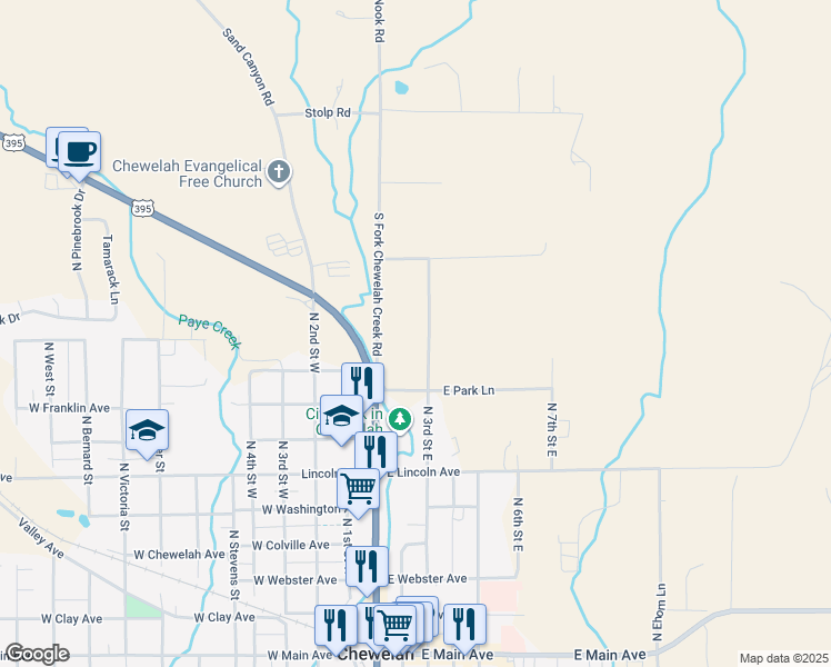map of restaurants, bars, coffee shops, grocery stores, and more near 1005 North 3rd Street East in Chewelah