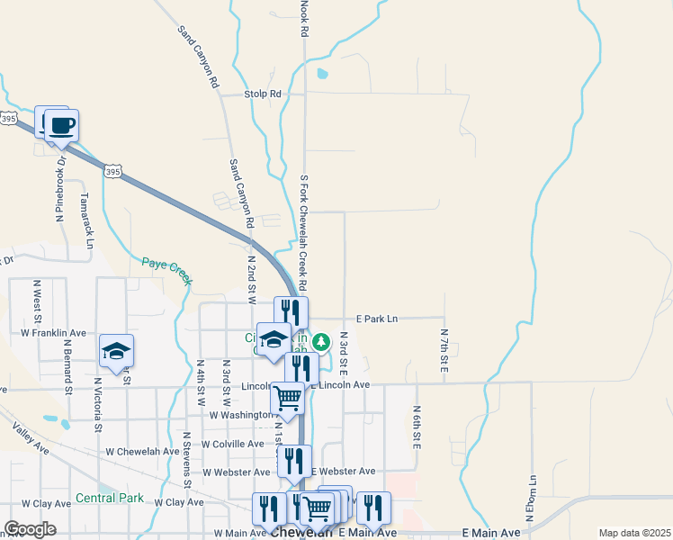 map of restaurants, bars, coffee shops, grocery stores, and more near 1005 North 3rd Street East in Chewelah