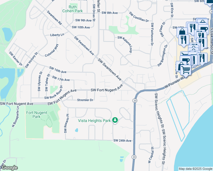 map of restaurants, bars, coffee shops, grocery stores, and more near 1215 Southwest Swantown Avenue in Oak Harbor