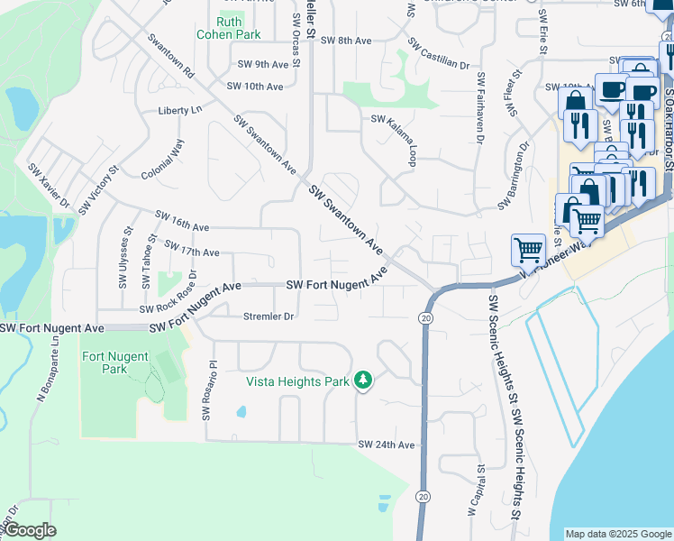 map of restaurants, bars, coffee shops, grocery stores, and more near 1215 Southwest Swantown Avenue in Oak Harbor