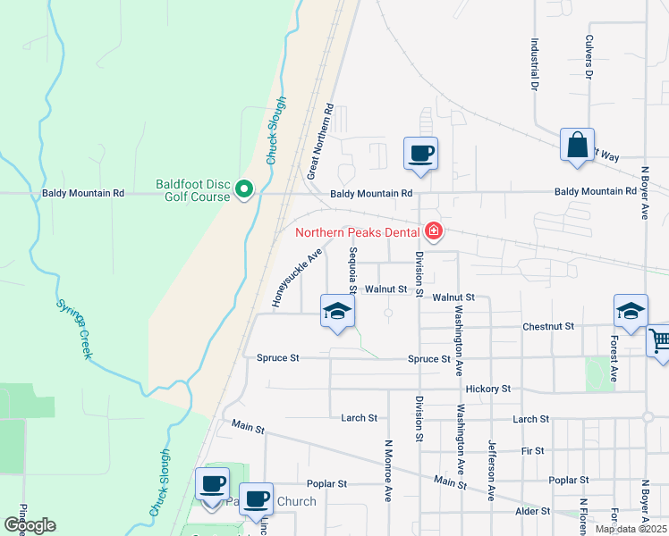 map of restaurants, bars, coffee shops, grocery stores, and more near 1211 Forsythia Avenue in Sandpoint