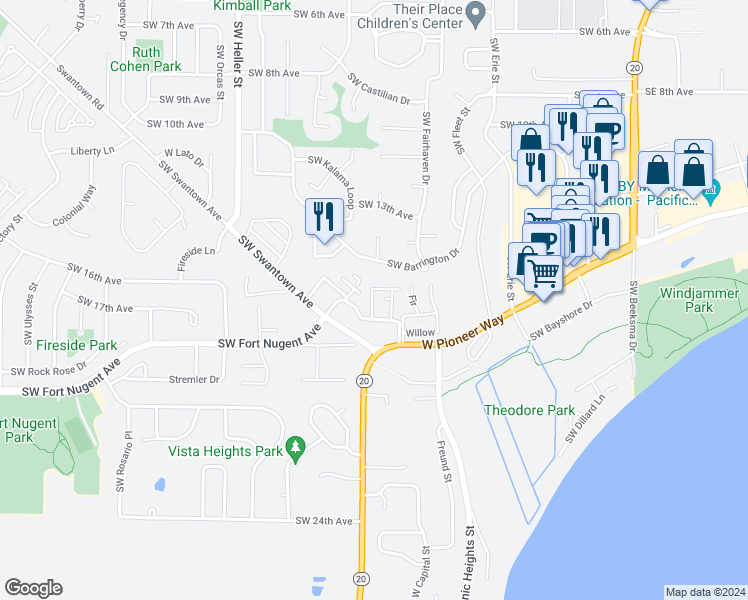 map of restaurants, bars, coffee shops, grocery stores, and more near 890 Southwest Kimball Drive in Oak Harbor