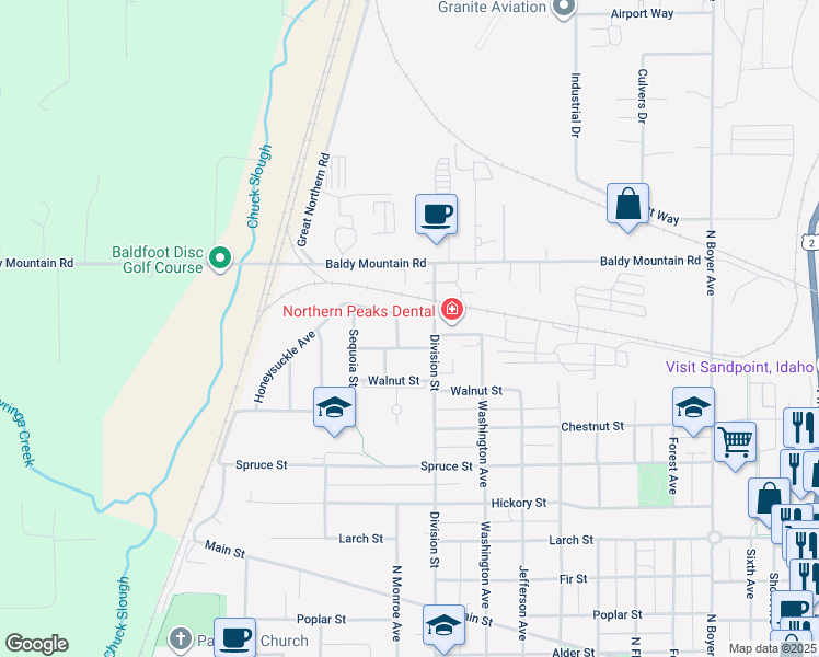 map of restaurants, bars, coffee shops, grocery stores, and more near 1502 Hemlock Court in Sandpoint