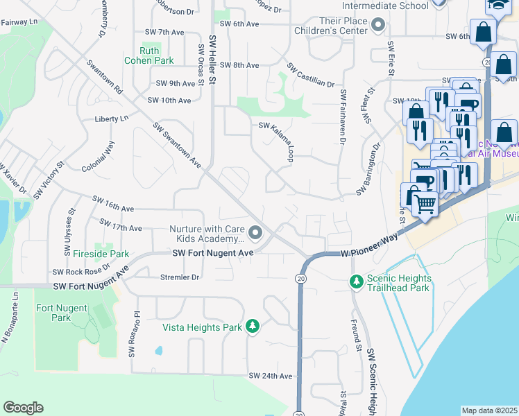 map of restaurants, bars, coffee shops, grocery stores, and more near 1172 Southwest Swantown Avenue in Oak Harbor