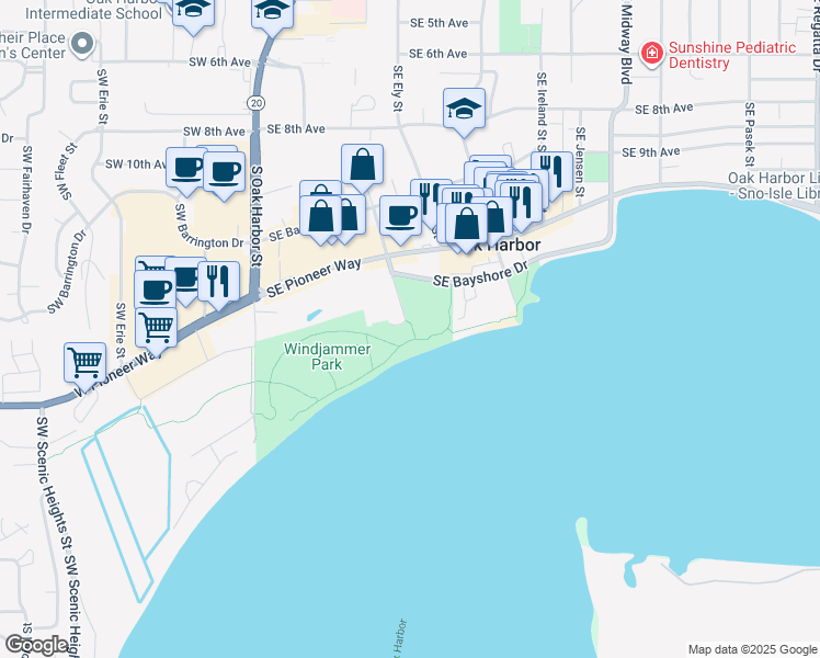 map of restaurants, bars, coffee shops, grocery stores, and more near 1501 Southeast City Beach Street in Oak Harbor