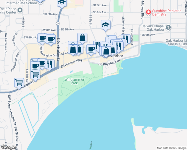 map of restaurants, bars, coffee shops, grocery stores, and more near 1511 Southeast City Beach Street in Oak Harbor