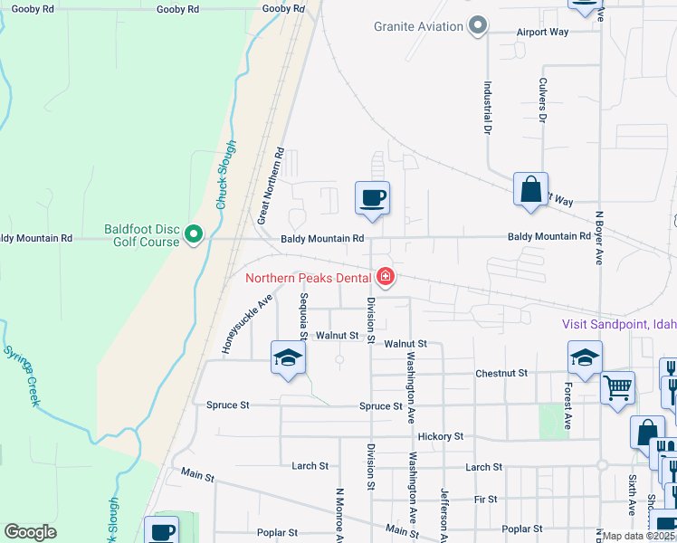 map of restaurants, bars, coffee shops, grocery stores, and more near 1502 Hemlock Court in Sandpoint