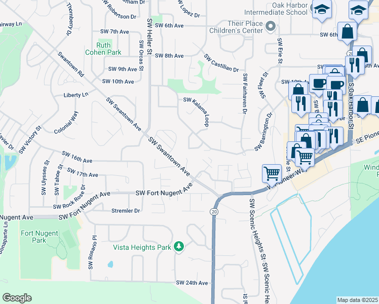 map of restaurants, bars, coffee shops, grocery stores, and more near 1091 Southwest Kaleeton Loop in Oak Harbor