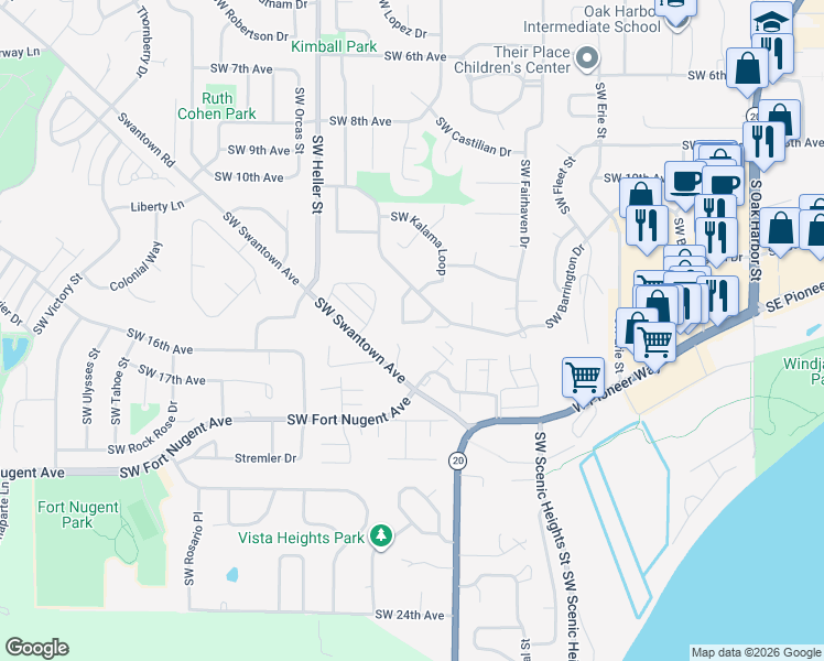 map of restaurants, bars, coffee shops, grocery stores, and more near 1065 Southwest Kaleeton Loop in Oak Harbor