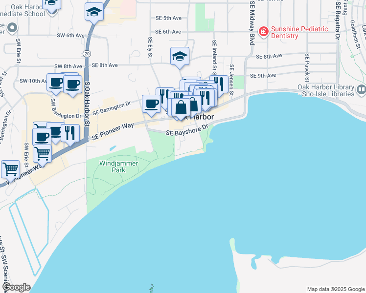 map of restaurants, bars, coffee shops, grocery stores, and more near 701 Southeast Bayshore Drive in Oak Harbor