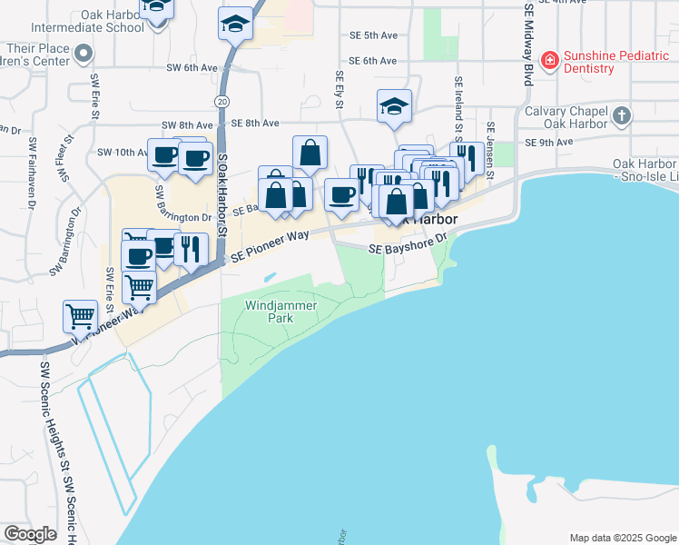 map of restaurants, bars, coffee shops, grocery stores, and more near 1501 Southeast City Beach Street in Oak Harbor