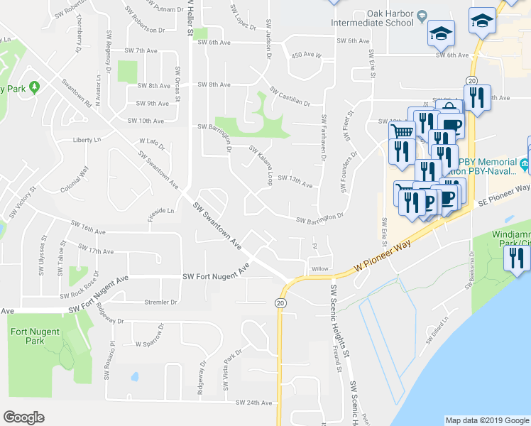 map of restaurants, bars, coffee shops, grocery stores, and more near 945 Southwest Barrington Drive in Oak Harbor