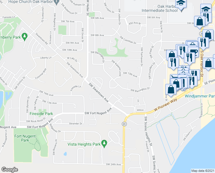 map of restaurants, bars, coffee shops, grocery stores, and more near 1091 Southwest Kaleeton Loop in Oak Harbor