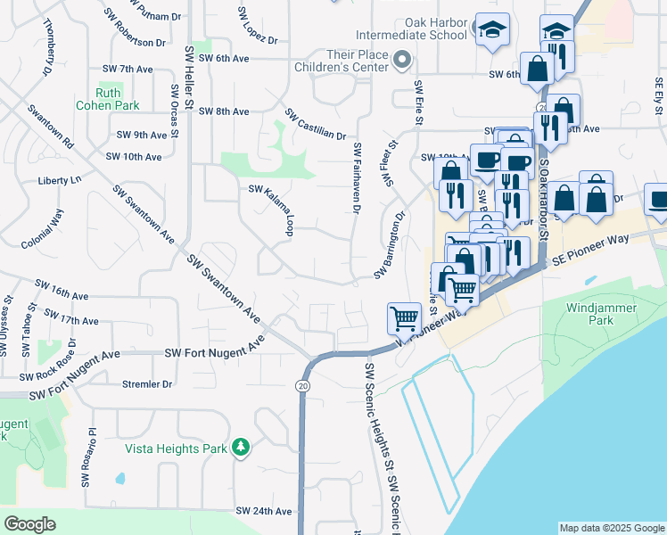 map of restaurants, bars, coffee shops, grocery stores, and more near 763 Southwest 14th Court in Oak Harbor