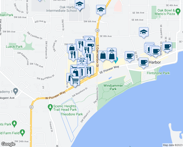 map of restaurants, bars, coffee shops, grocery stores, and more near 31359 Sr 20 in Oak Harbor