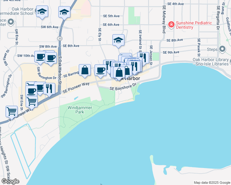 map of restaurants, bars, coffee shops, grocery stores, and more near 701 Southeast Bayshore Drive in Oak Harbor