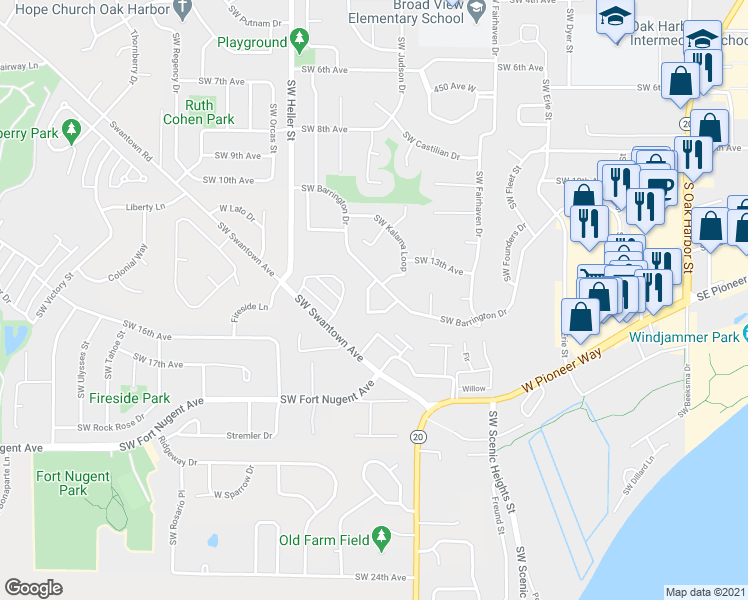 map of restaurants, bars, coffee shops, grocery stores, and more near 1091 Southwest Kaleeton Loop in Oak Harbor