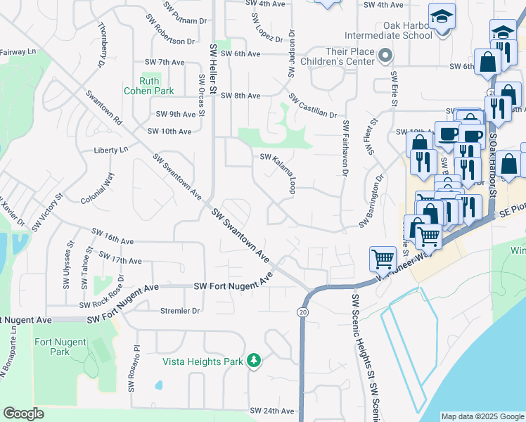 map of restaurants, bars, coffee shops, grocery stores, and more near 1173 Southwest Kaleeton Loop in Oak Harbor