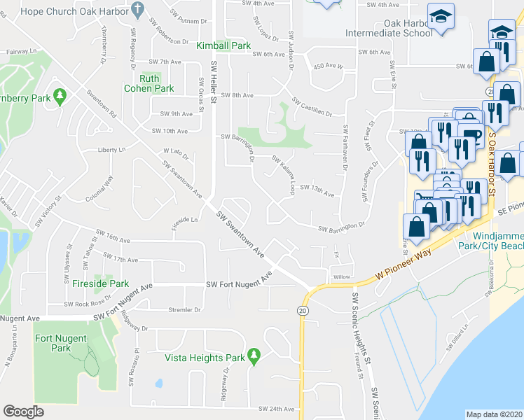 map of restaurants, bars, coffee shops, grocery stores, and more near 1091 Southwest Kaleeton Loop in Oak Harbor