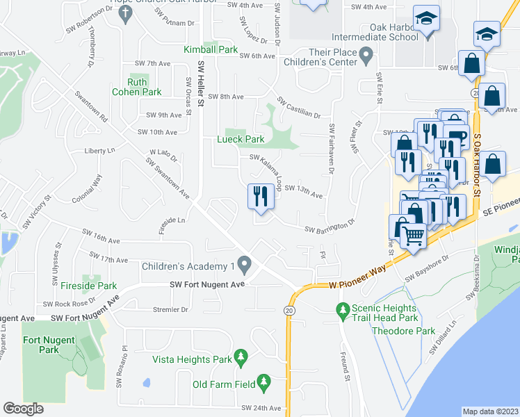 map of restaurants, bars, coffee shops, grocery stores, and more near 1079 Southwest Barrington Drive in Oak Harbor