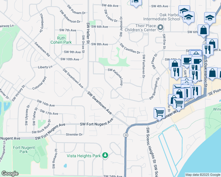 map of restaurants, bars, coffee shops, grocery stores, and more near 1121 Southwest Barrington Drive in Oak Harbor