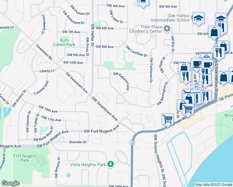 map of restaurants, bars, coffee shops, grocery stores, and more near 1136 Southwest Barrington Drive in Oak Harbor