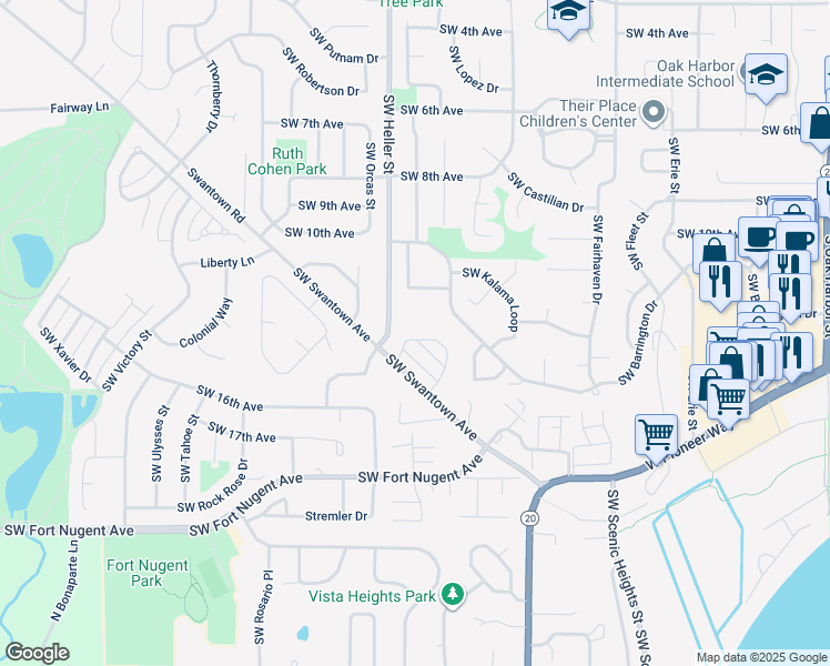 map of restaurants, bars, coffee shops, grocery stores, and more near 1380 Southwest Swantown Avenue in Oak Harbor