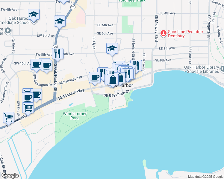 map of restaurants, bars, coffee shops, grocery stores, and more near in Oak Harbor