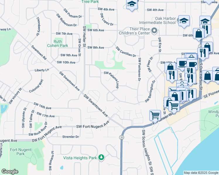 map of restaurants, bars, coffee shops, grocery stores, and more near 1136 Southwest Barrington Drive in Oak Harbor