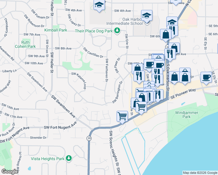 map of restaurants, bars, coffee shops, grocery stores, and more near 1266 Southwest Fairhaven Drive in Oak Harbor