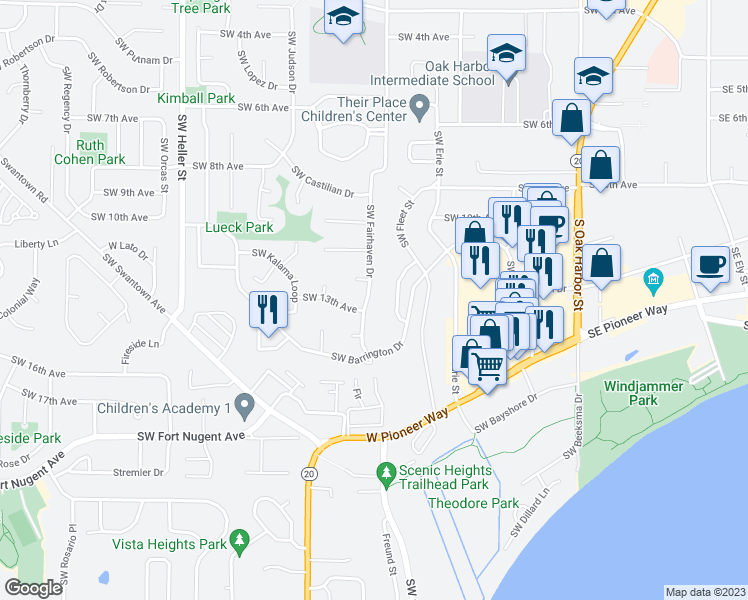 map of restaurants, bars, coffee shops, grocery stores, and more near 1266 Southwest Fairhaven Drive in Oak Harbor