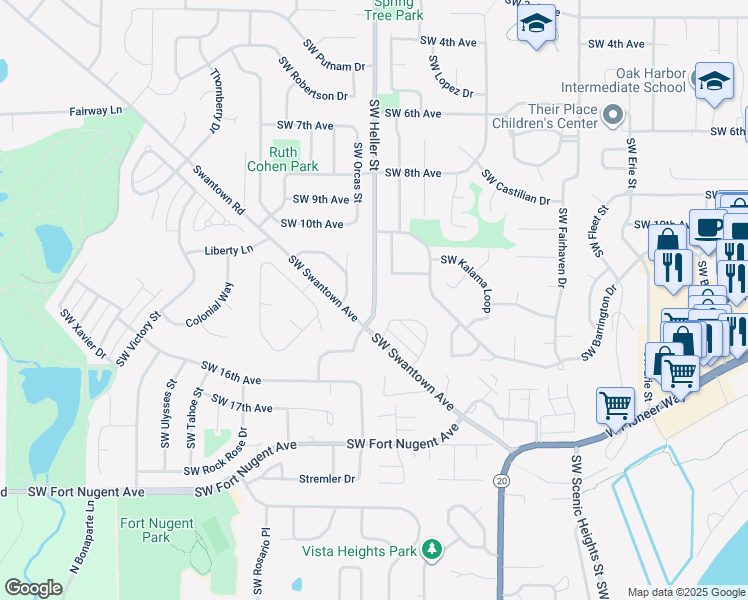 map of restaurants, bars, coffee shops, grocery stores, and more near 1250 Southwest Heller Street in Oak Harbor
