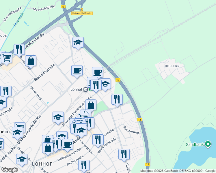 map of restaurants, bars, coffee shops, grocery stores, and more near 3 Freisinger Straße in Unterschleißheim