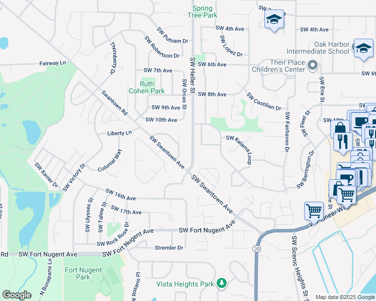 map of restaurants, bars, coffee shops, grocery stores, and more near 1175 Southwest Heller Street in Oak Harbor