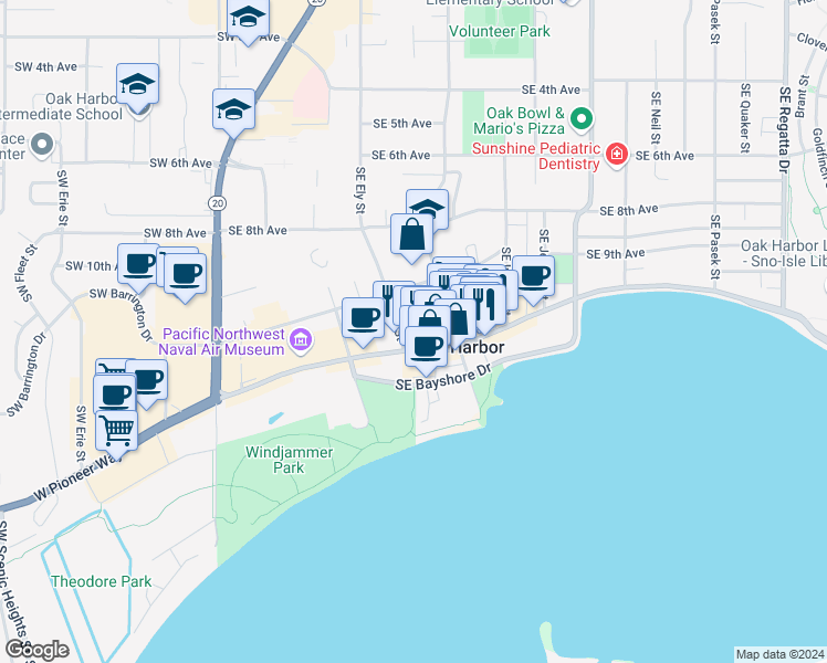 map of restaurants, bars, coffee shops, grocery stores, and more near 601 Southeast Pioneer Way in Oak Harbor
