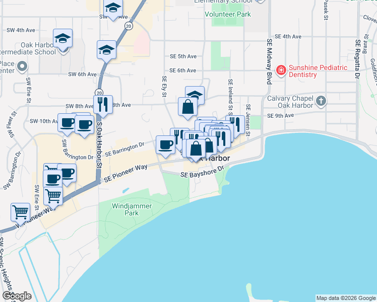 map of restaurants, bars, coffee shops, grocery stores, and more near 601 Southeast Pioneer Way in Oak Harbor
