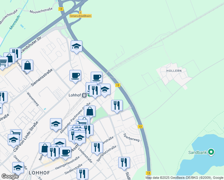 map of restaurants, bars, coffee shops, grocery stores, and more near 3 Freisinger Straße in Unterschleißheim