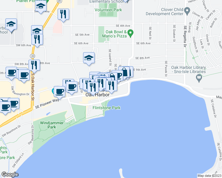 map of restaurants, bars, coffee shops, grocery stores, and more near 901 Southeast Pioneer Way in Oak Harbor