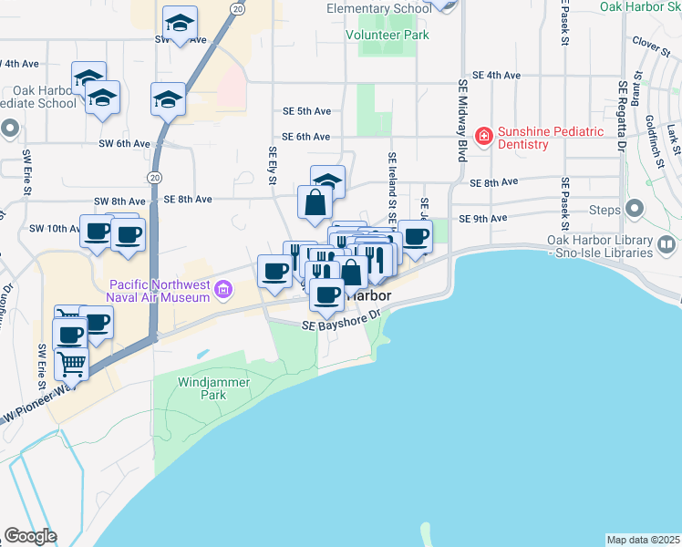 map of restaurants, bars, coffee shops, grocery stores, and more near 1100 Southeast Dock Street in Oak Harbor