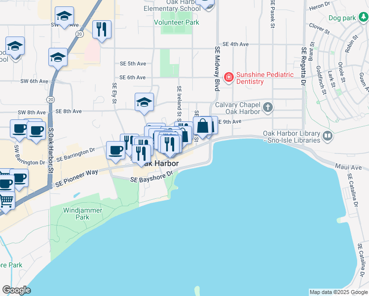 map of restaurants, bars, coffee shops, grocery stores, and more near 930 Southeast Pioneer Way in Oak Harbor