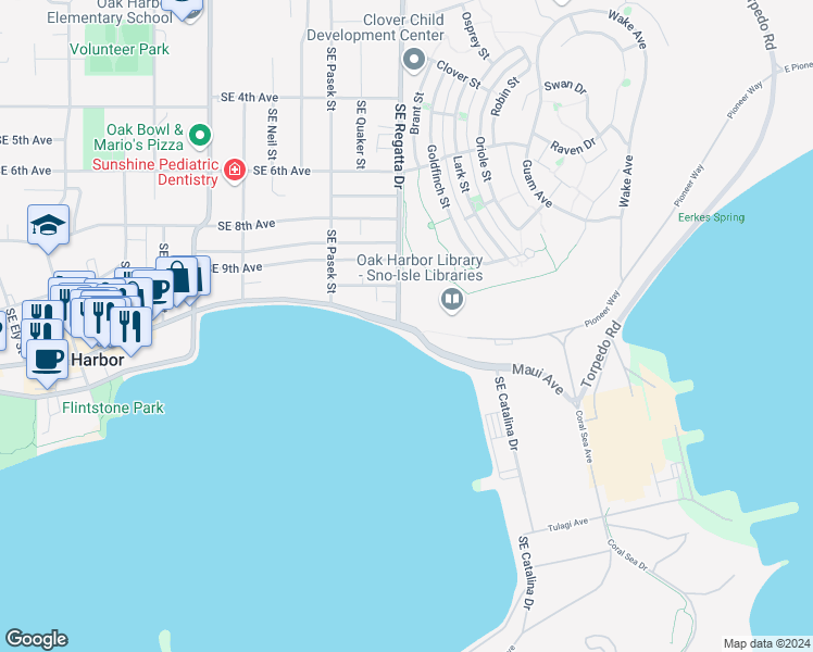 map of restaurants, bars, coffee shops, grocery stores, and more near 1900 Southeast Pioneer Way in Oak Harbor