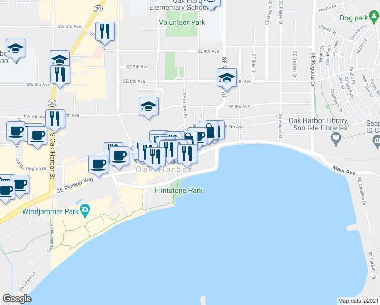 map of restaurants, bars, coffee shops, grocery stores, and more near 930 Southeast Pioneer Way in Oak Harbor