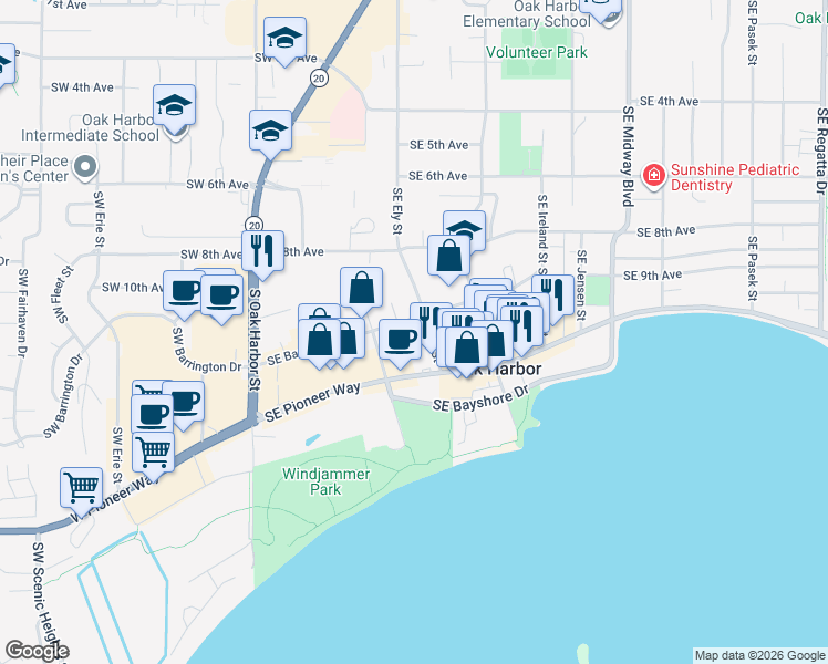 map of restaurants, bars, coffee shops, grocery stores, and more near 475 Southeast Barrington Drive in Oak Harbor