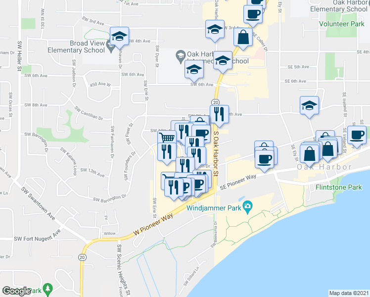 map of restaurants, bars, coffee shops, grocery stores, and more near 1100 Southwest Bowmer Street in Oak Harbor