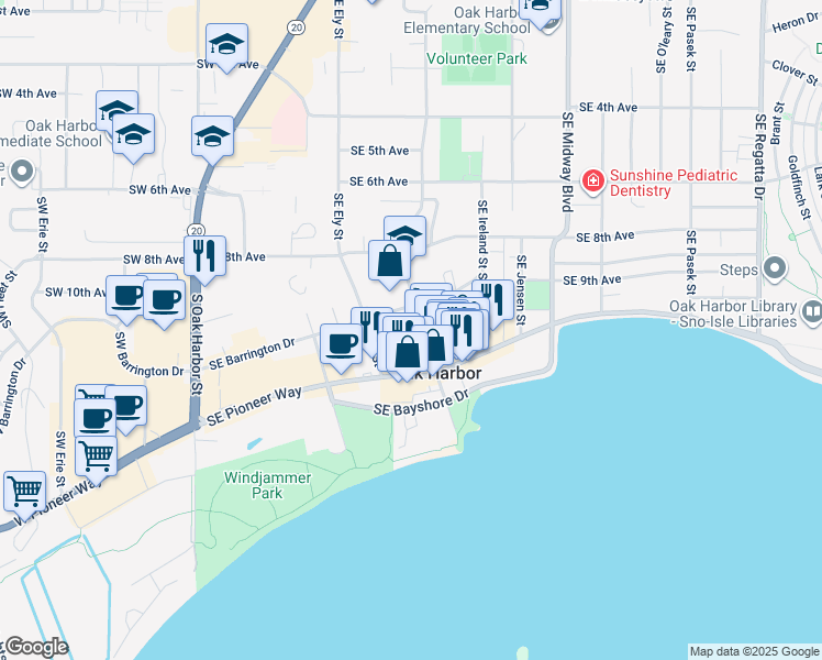 map of restaurants, bars, coffee shops, grocery stores, and more near 1100 Southeast Dock Street in Oak Harbor