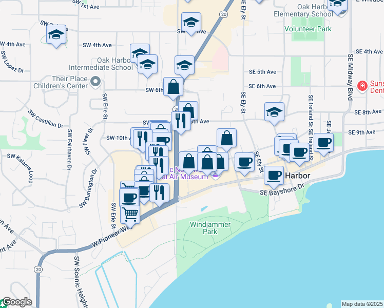 map of restaurants, bars, coffee shops, grocery stores, and more near 65 Southeast 11th Avenue in Oak Harbor