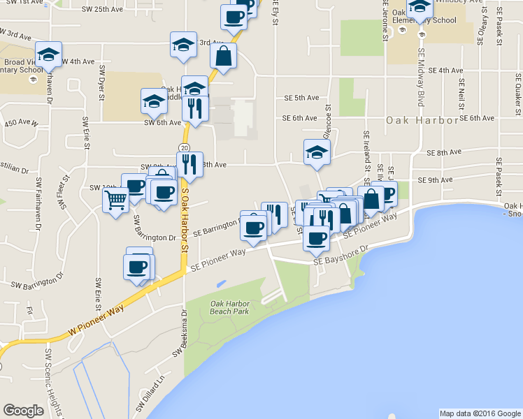 map of restaurants, bars, coffee shops, grocery stores, and more near 380 Southeast Barrington Drive in Oak Harbor