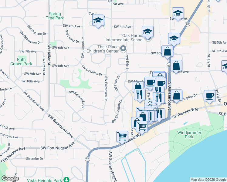 map of restaurants, bars, coffee shops, grocery stores, and more near 1091 Southwest Fleet Street in Oak Harbor