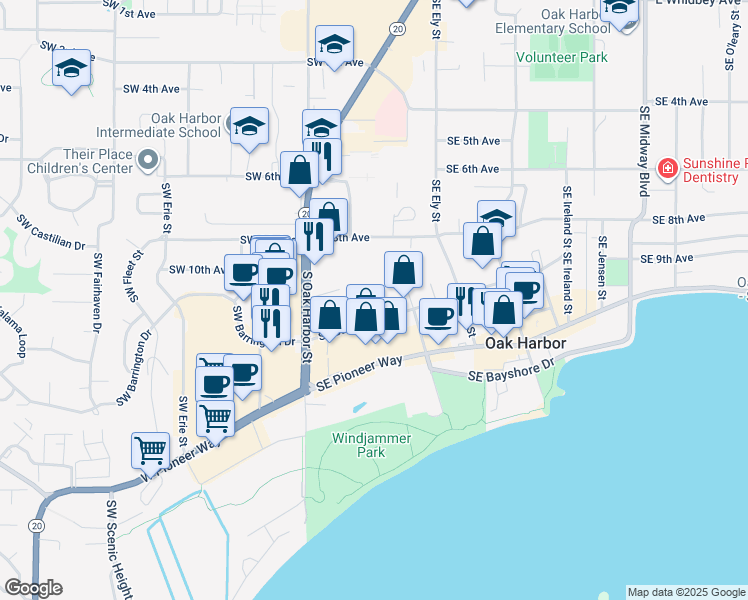 map of restaurants, bars, coffee shops, grocery stores, and more near 270 Southeast Barrington Drive in Oak Harbor